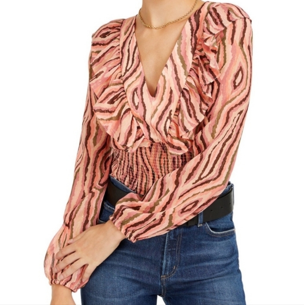 Bar III Pink Multi-Color Ruffled V-Neck Blouse